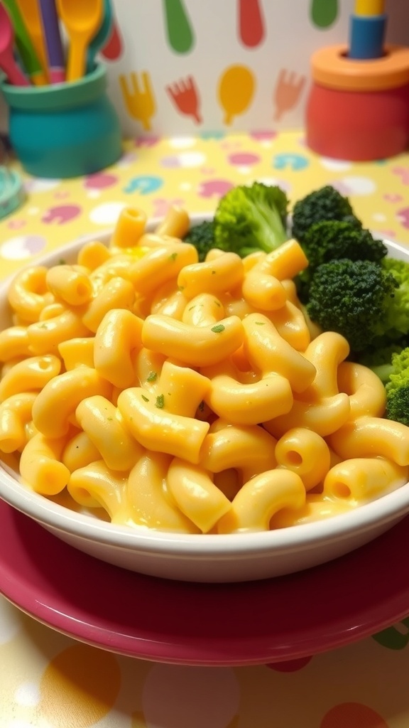 Cheesy Noodles for Kids A bowl of cheesy noodles with elbow macaroni and cheddar cheese, garnished with parsley and served with broccoli.